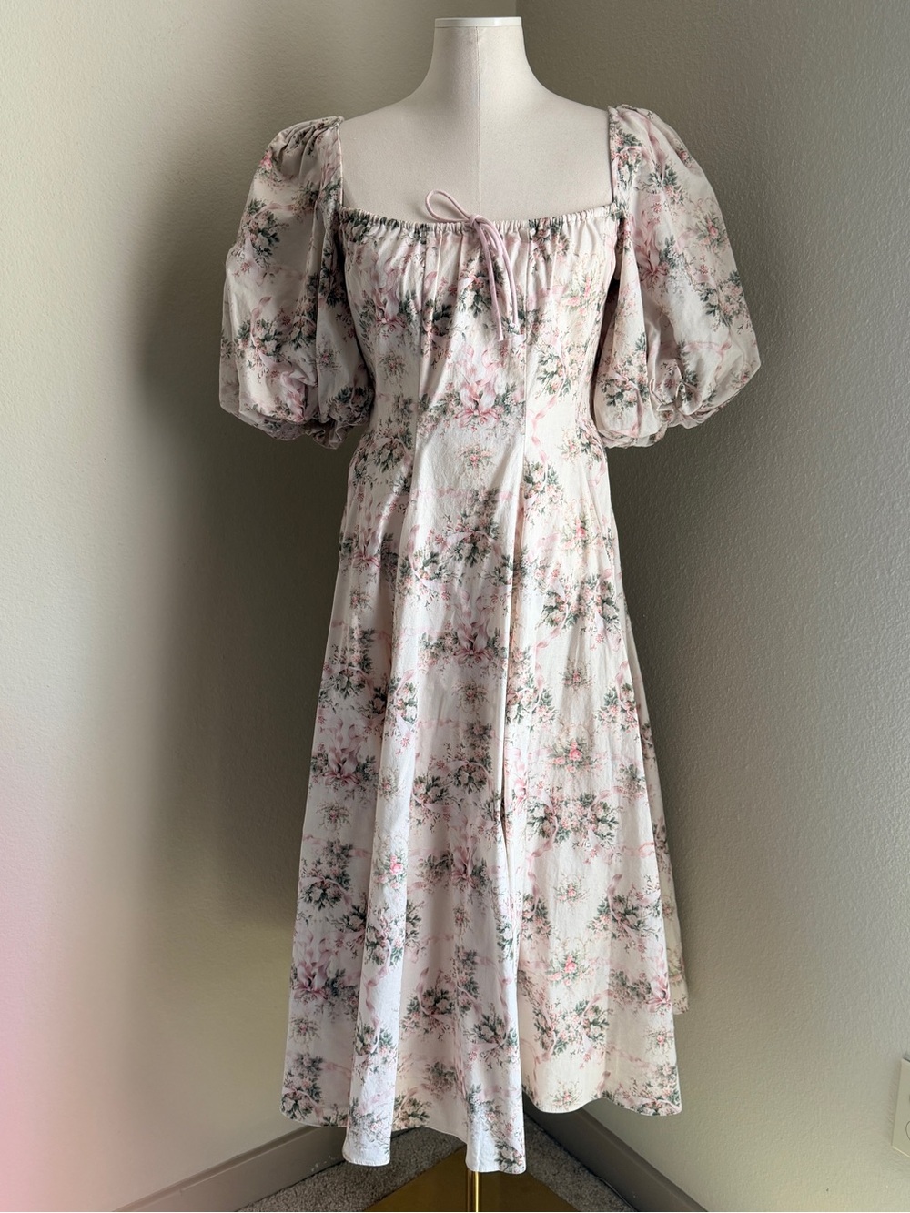 Selkie Pink Floral Puff-Sleeve Midi Dress Womens M 100% cotton